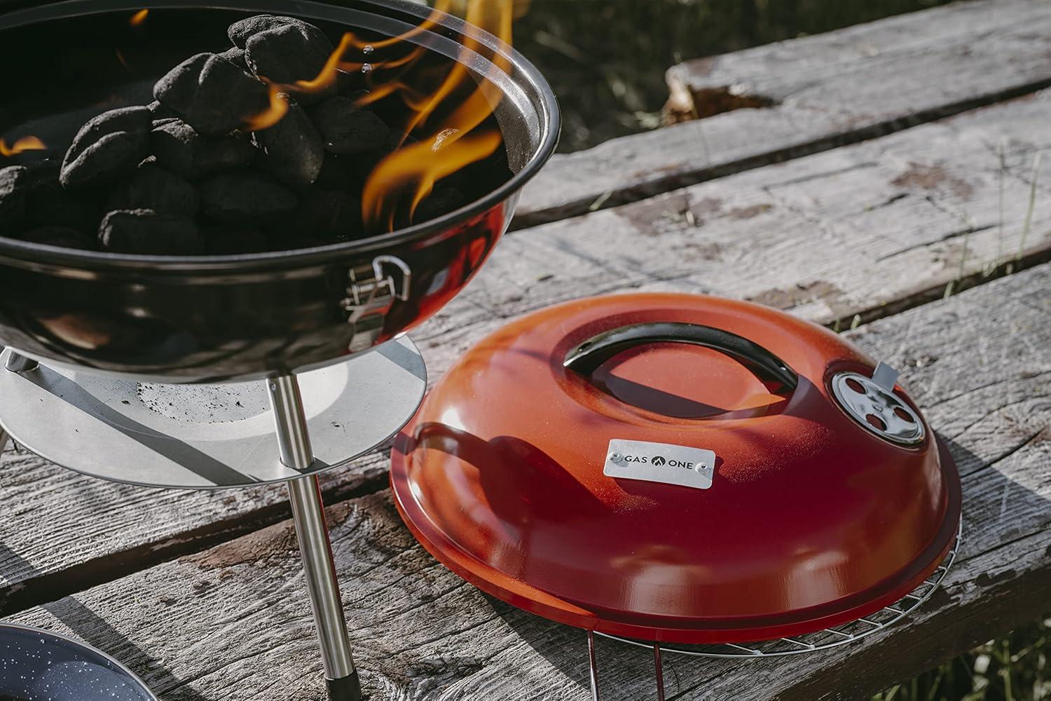 image:imageGas One 14inch Portable Barbecue Grill with 3Point Locking Lid for Heat Preservation Dual Venting System Small Charcoal Grill for Backyard Camping Boat14 Inch Diameter