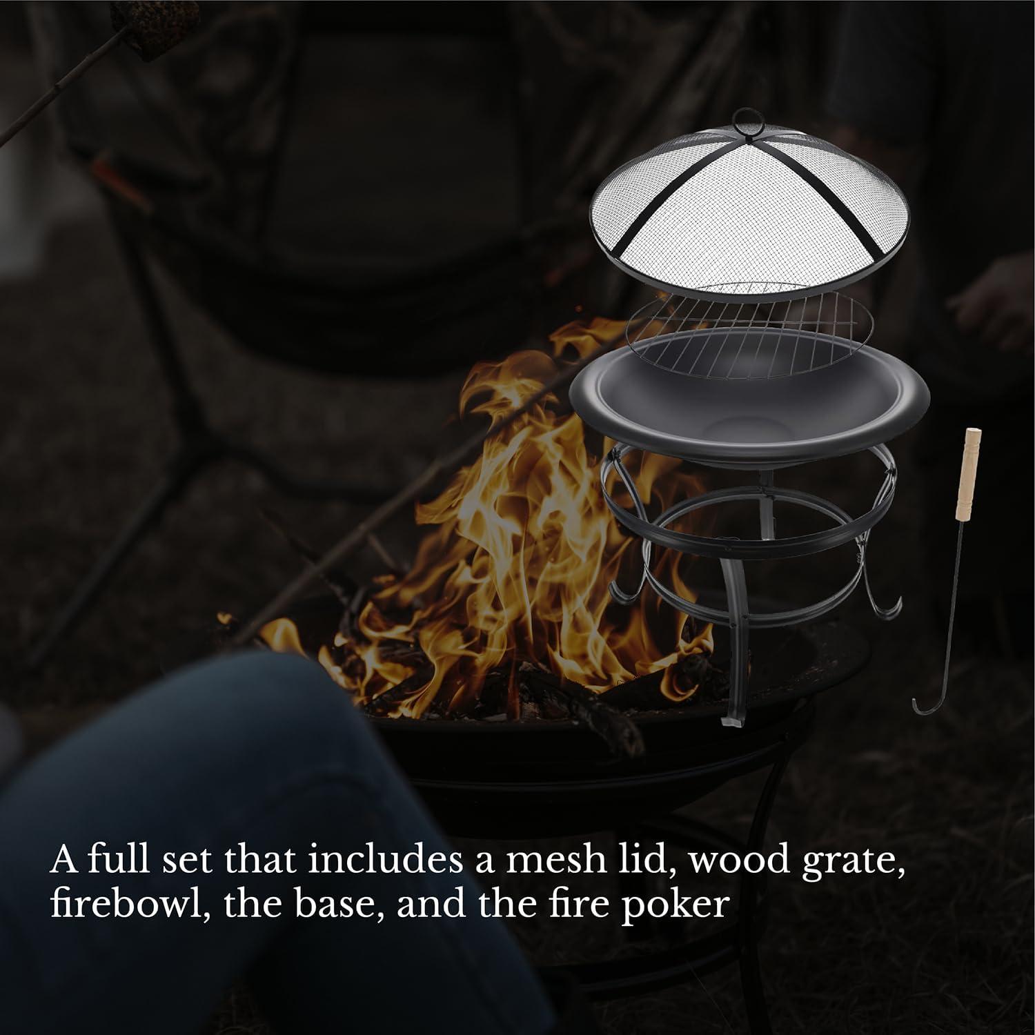 image:imageGas One 22 in Outdoor Wood Burning Fire Pit with Mesh Lid and Fire Picker Durable Alloy Steel Fire Pits for Outside Small Fire Pit for Backyard Porch Deck Camping BBQ
