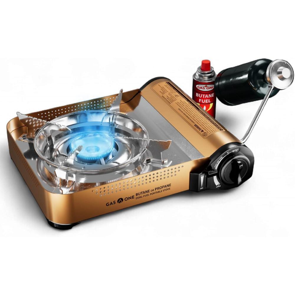 image:imageGas ONE GS4000P Camp Stove Premium Propane or Butane Stove with Convenient Carrying Case Patented Great for Camp Stove and Portable Butane Stove for All Cooking ApplicationGold Stove
