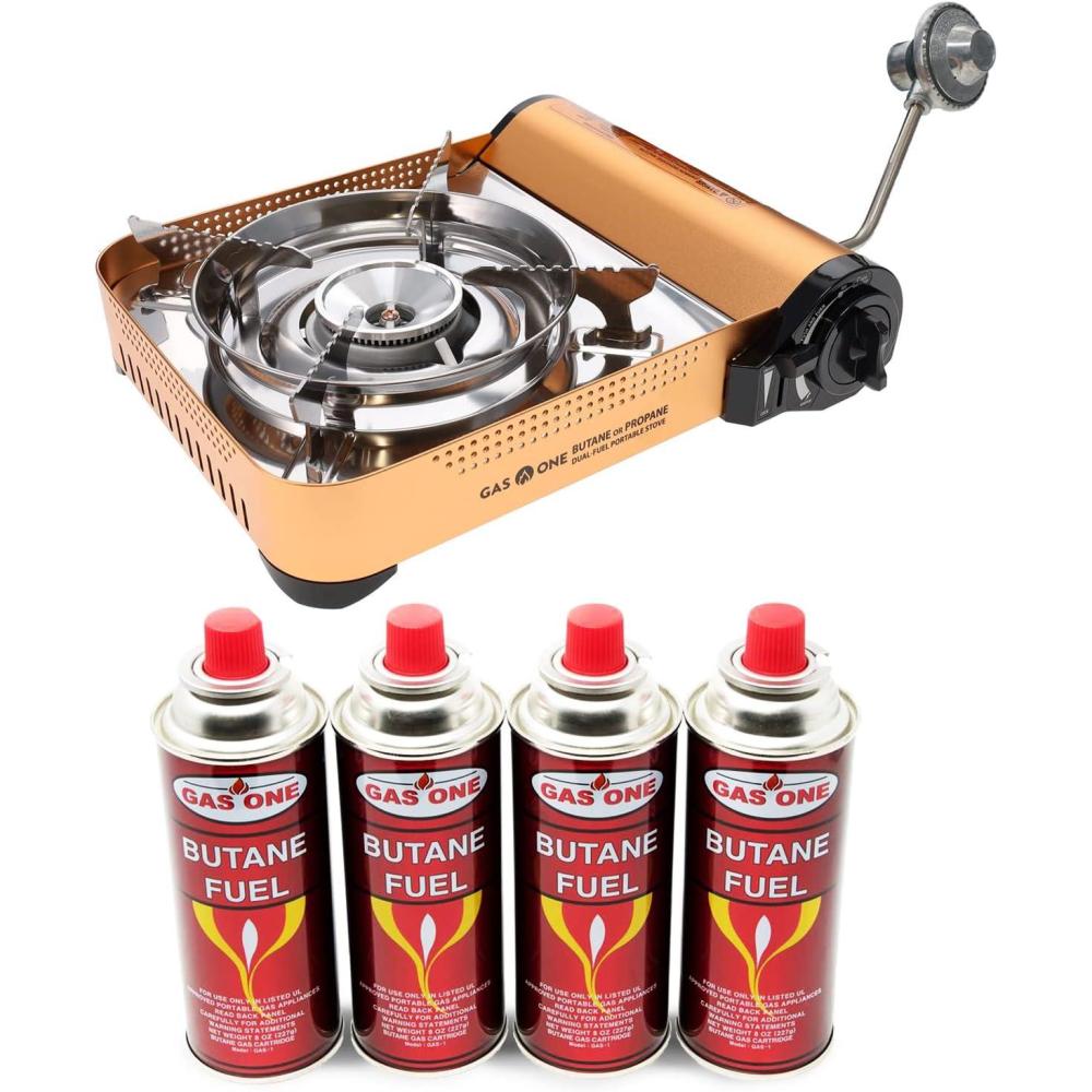 image:imageGas ONE GS4000P Camp Stove Premium Propane or Butane Stove with Convenient Carrying Case Patented Great for Camp Stove and Portable Butane Stove for All Cooking ApplicationGold Stove with Fuel Bundle