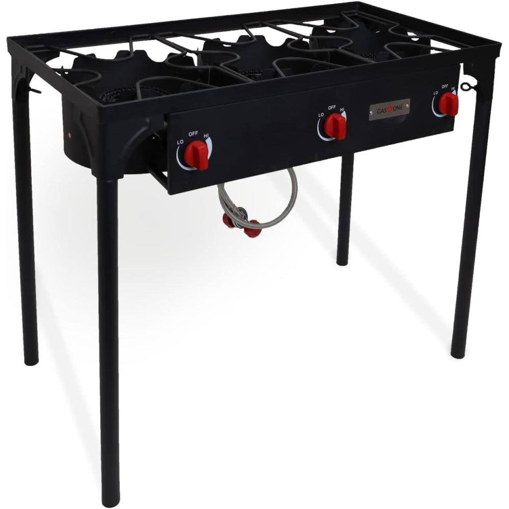 image:imageGas One Outdoor Triple High pressure Burner with Stand Stove Propane Gas Cooker With Adjustable High Pressure Regulator and Hose Black B6565