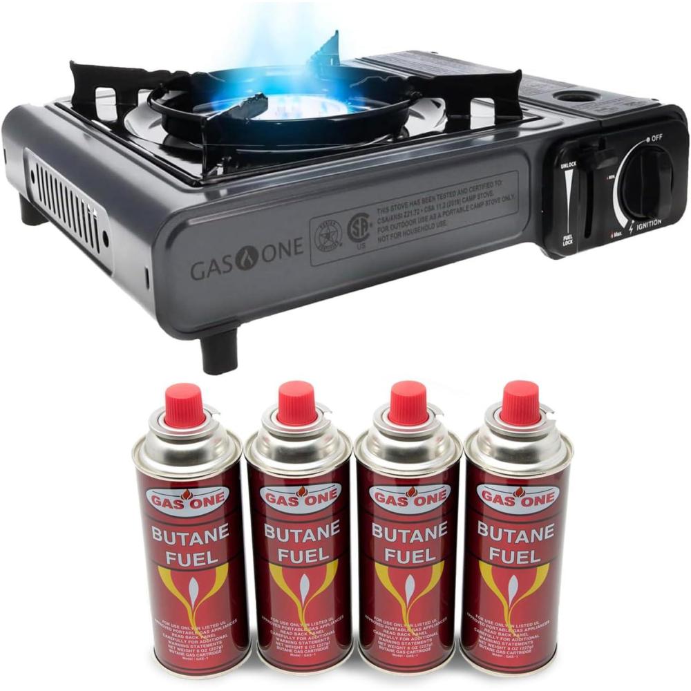 image:imageGas One Portable Butane Camping Stove with Case Automatic Ignition Precise Heat Control Camping amp Tailgating and Outdoor CookingGray Stove with 4 Fuel