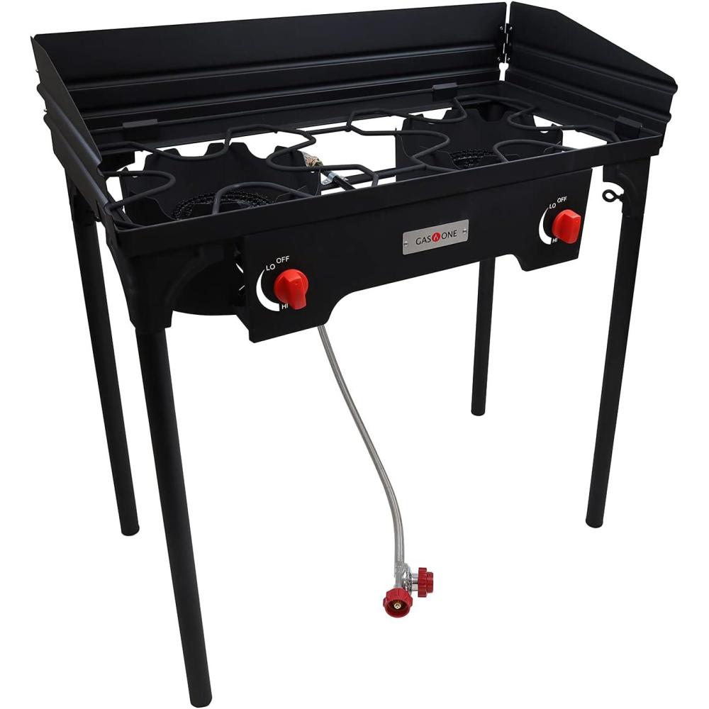 image:imageGas One Propane Double Burner Two Burner Camp Stove with Windscreen Outdoor High Pressure Propane 2 Burner Adjustable PSI Regulator and 4ft Steel Braided Hose With Removable Legs2 Burner with Windguard