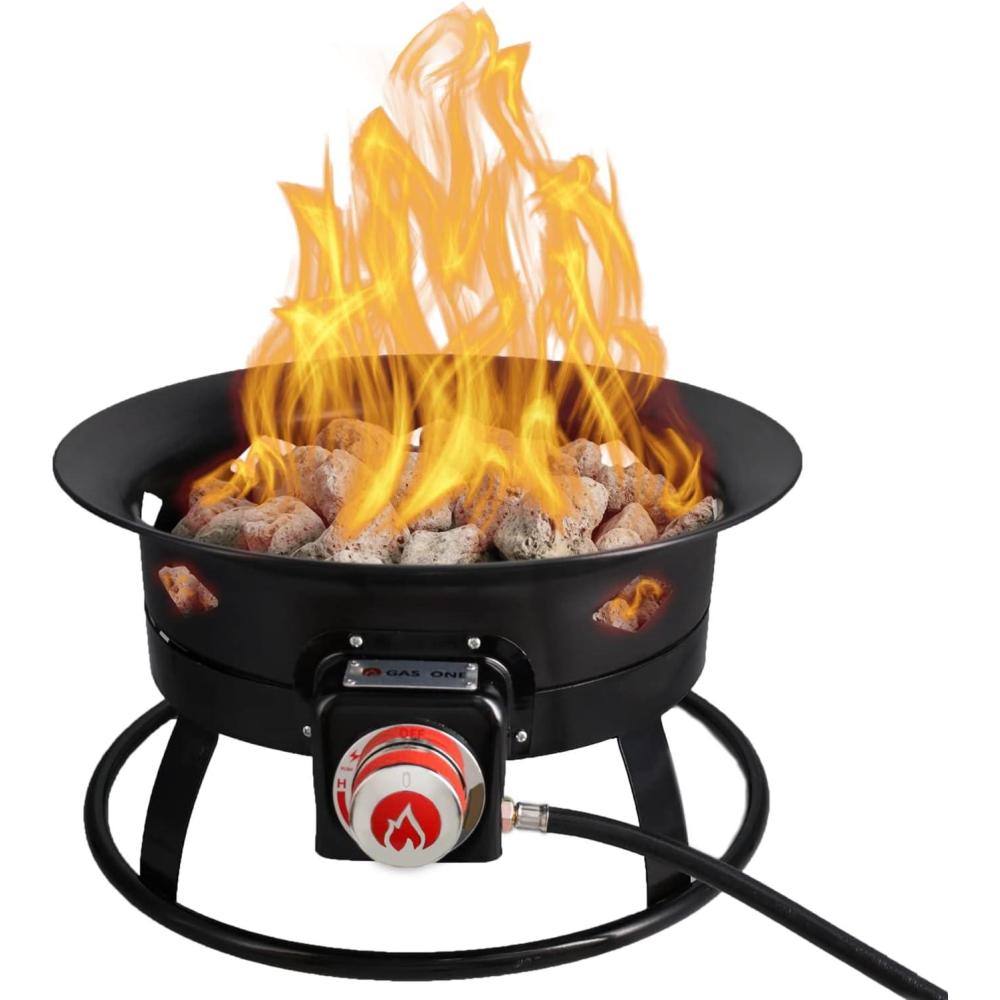 image:imageGasOne 19 Outdoor Portable Smokeless Fire Pit with Auto Ignition Includes Lava Rocks Carrying Strap Lid and Fuel Holder Ring Black