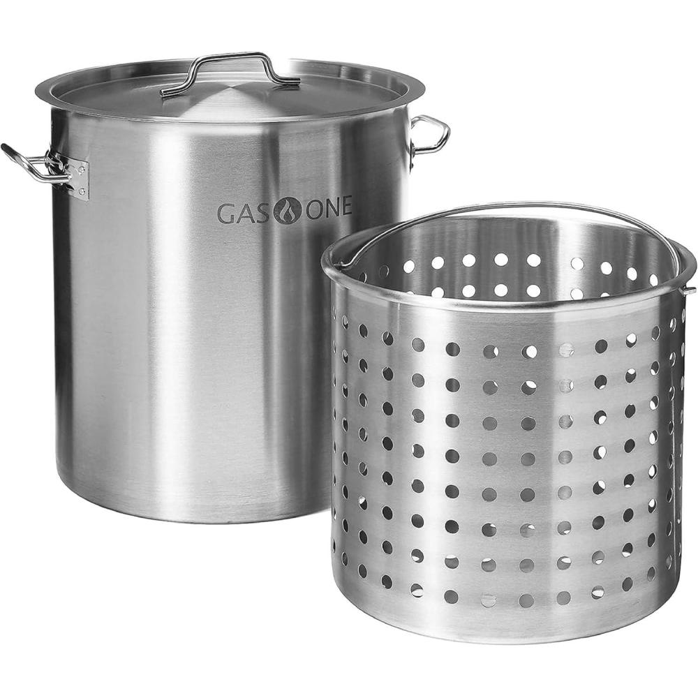 image:imageGasOne Stainless Steel Stockpot with Basket 84qt Stock Pot with Lid and Reinforced Bottom HeavyDuty Cooking Pot for Deep Frying Turkey Frying Beer Brewing Soup Seafood Boil Satin Finish84 Quarts