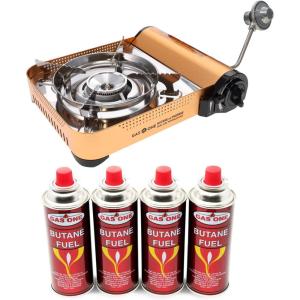 Gas ONE GS-4000P – Camp Stove – Premium Propane or Butane Stove with Convenient Carrying Case – Patented – Great for Camp Stove and Portable Butane Stove for All Cooking Application(Gold Stove with Fuel Bundle)