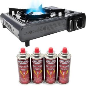 Gas One Portable Butane Camping Stove with Case: Automatic Ignition, Precise Heat Control – Camping & Tailgating and Outdoor Cooking(Gray Stove with 4 Fuel)