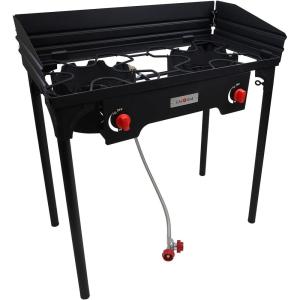 Gas One Propane Double Burner Two Burner Camp Stove with Windscreen Outdoor High Pressure Propane 2 Burner Adjustable PSI Regulator and 4ft Steel Braided Hose With Removable Legs(2 Burner with Windguard)