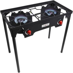 Gas One Propane Double Burner Two Burner Camp Stove with Windscreen Outdoor High Pressure Propane 2 Burner Adjustable PSI Regulator and 4ft Steel Braided Hose With Removable Legs(New Style 2 Burner)