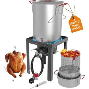 GasOne 30QT Turkey Fryer and 10QT Fish Fryer Set, Seafood Boil Steamer, Crawfish Boiler, Outdoor Cooker for Crab, Shrimp, Lobster, Complete Black Fryer Kit for Holiday and Seasonal Cooking