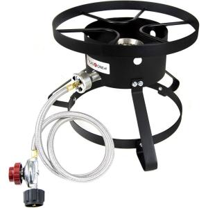 GasOne B-5150 Outdoor Cooker – 14.5″ Wide with High Pressure Steel Braided Hose Propane Burner Camp Stove – Red QCC(QCC Style)